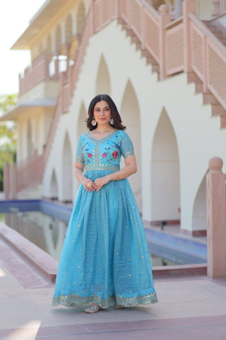 Sky Blue Gold Crush Gown with Multicolor Thread Embroidery & Sequin Zari Work ClothsVilla