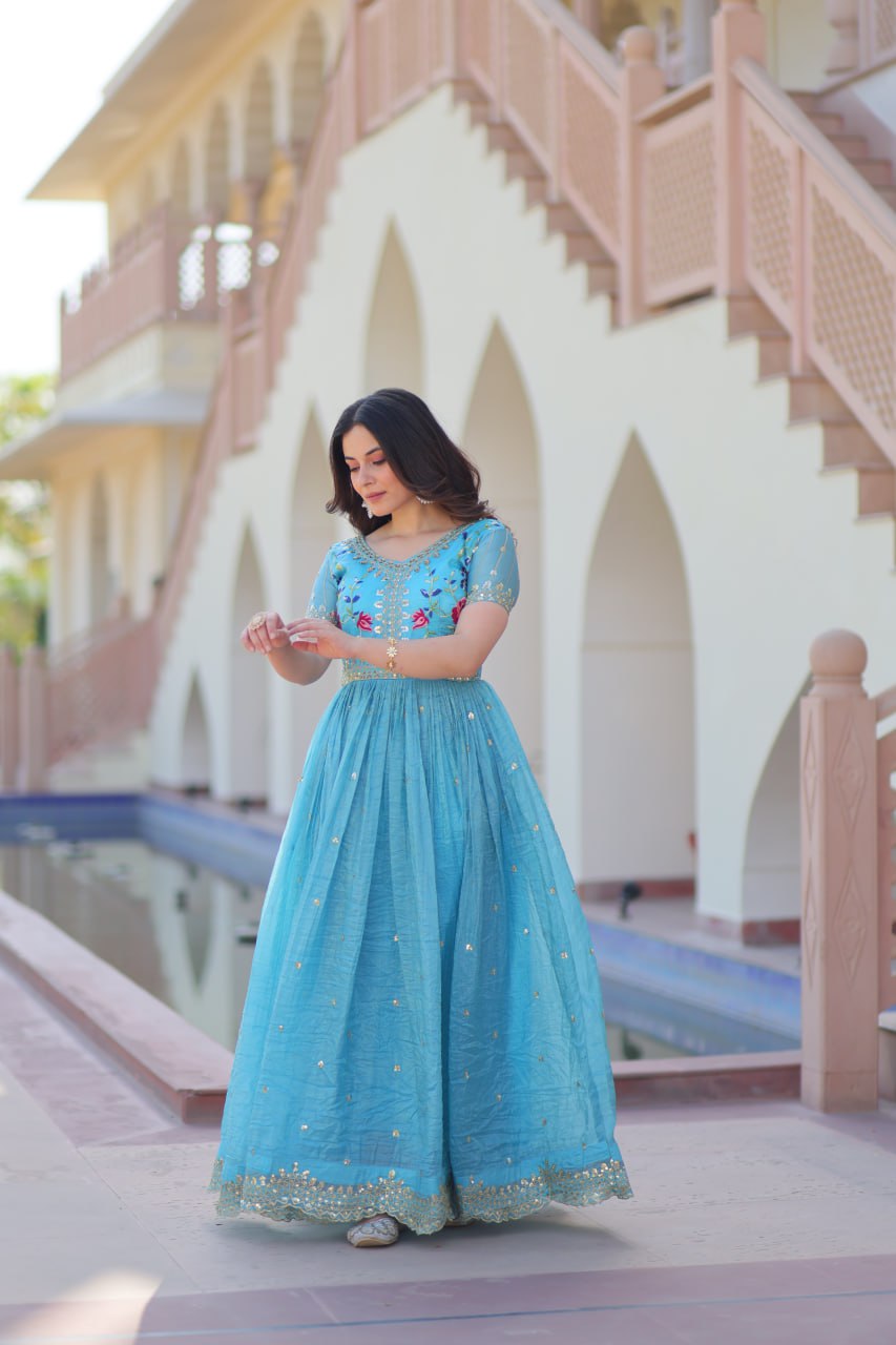 Sky Blue Gold Crush Gown with Multicolor Thread Embroidery & Sequin Zari Work ClothsVilla