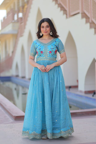 Sky Blue Gold Crush Gown with Multicolor Thread Embroidery & Sequin Zari Work ClothsVilla