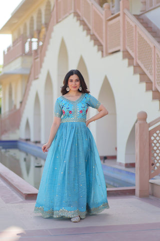 Sky Blue Gold Crush Gown with Multicolor Thread Embroidery & Sequin Zari Work ClothsVilla