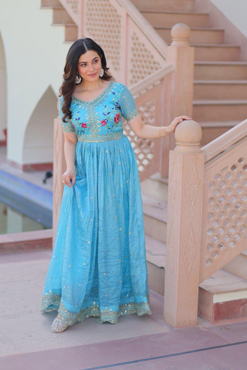 Sky Blue Gold Crush Gown with Multicolor Thread Embroidery & Sequin Zari Work ClothsVilla