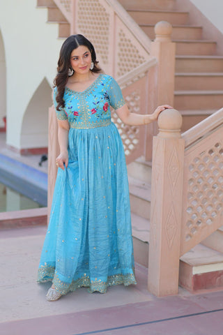 Sky Blue Gold Crush Gown with Multicolor Thread Embroidery & Sequin Zari Work ClothsVilla