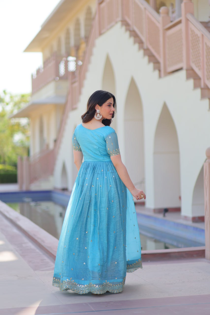 Sky Blue Gold Crush Gown with Multicolor Thread Embroidery & Sequin Zari Work ClothsVilla