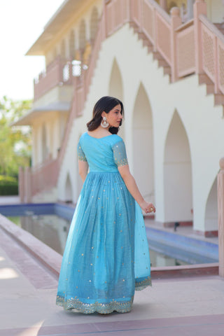 Sky Blue Gold Crush Gown with Multicolor Thread Embroidery & Sequin Zari Work ClothsVilla