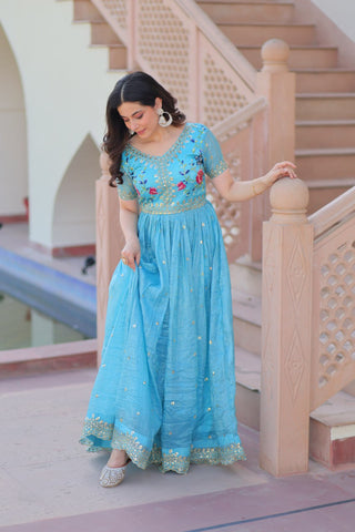 Sky Blue Gold Crush Gown with Multicolor Thread Embroidery & Sequin Zari Work ClothsVilla