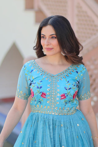 Sky Blue Gold Crush Gown with Multicolor Thread Embroidery & Sequin Zari Work ClothsVilla