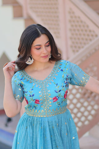 Sky Blue Gold Crush Gown with Multicolor Thread Embroidery & Sequin Zari Work ClothsVilla