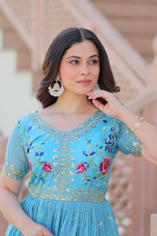 Sky Blue Gold Crush Gown with Multicolor Thread Embroidery & Sequin Zari Work ClothsVilla
