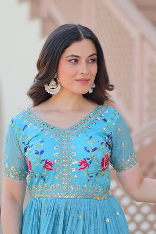 Sky Blue Gold Crush Gown with Multicolor Thread Embroidery & Sequin Zari Work ClothsVilla