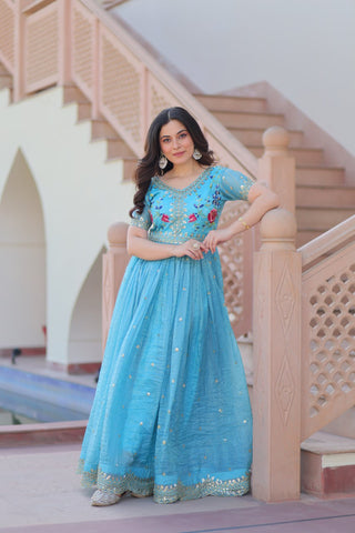 Sky Blue Gold Crush Gown with Multicolor Thread Embroidery & Sequin Zari Work ClothsVilla