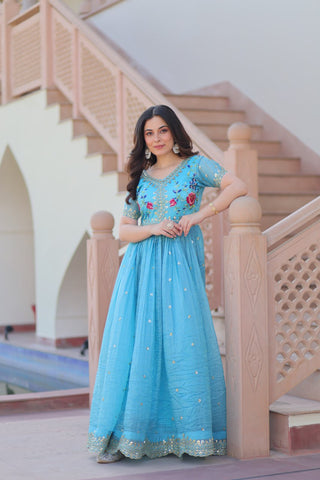 Sky Blue Gold Crush Gown with Multicolor Thread Embroidery & Sequin Zari Work ClothsVilla