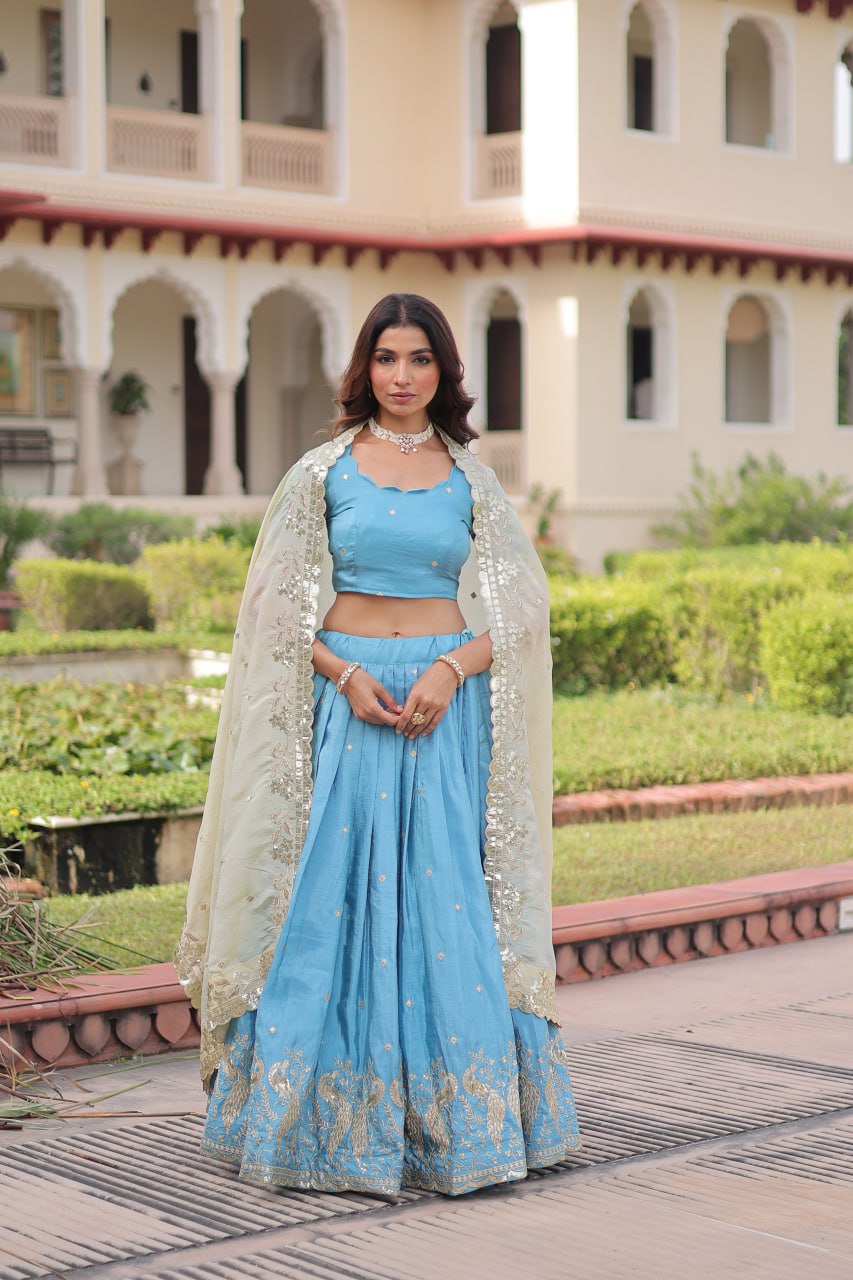 Sky Blue Gold Crush Sequins & Zari Embroidered Lehenga Set with 3-Meter Flair, Heavy Dupatta & Unstitched Designer Blouse – Fully Stitched Festive & Wedding Wear Ensemble ClothsVilla Main image