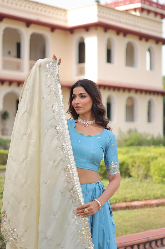 Sky Blue Gold Crush Sequins & Zari Embroidered Lehenga Set with 3-Meter Flair, Heavy Dupatta & Unstitched Designer Blouse – Fully Stitched Festive & Wedding Wear Ensemble ClothsVilla