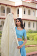 Load image into Gallery viewer, Sky Blue Gold Crush Sequins &amp; Zari Embroidered Lehenga Set with 3-Meter Flair, Heavy Dupatta &amp; Unstitched Designer Blouse – Fully Stitched Festive &amp; Wedding Wear Ensemble ClothsVilla