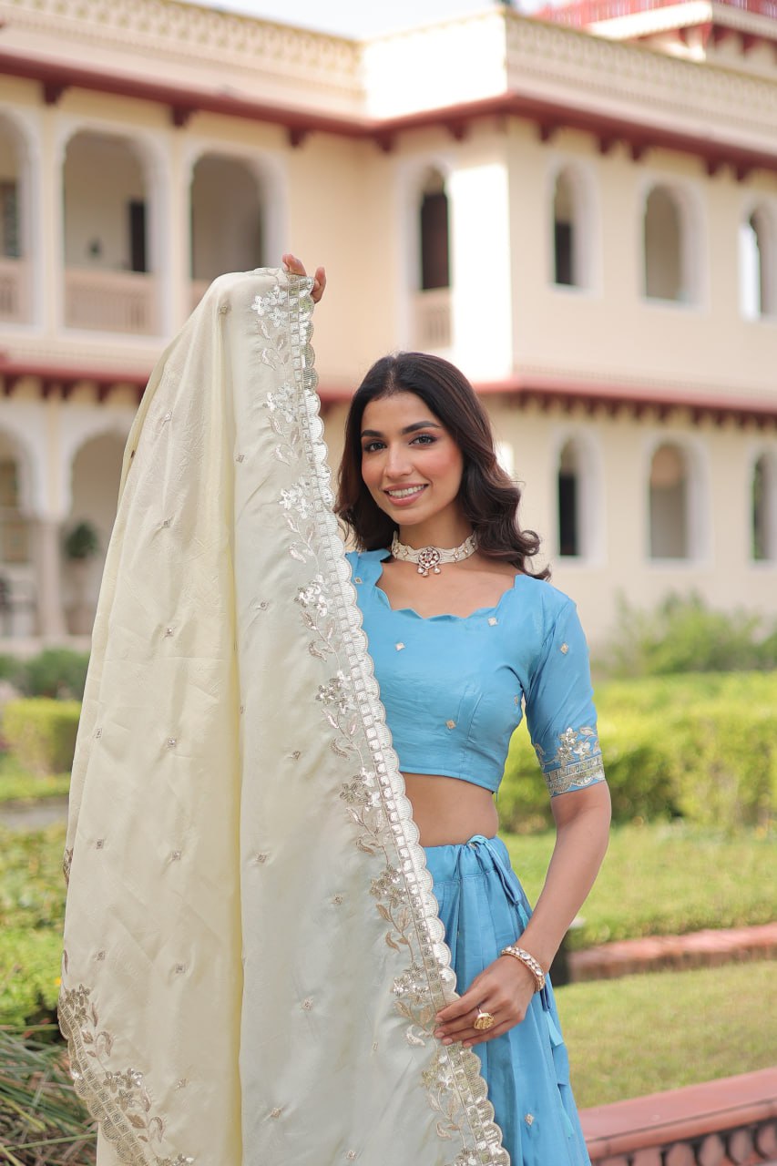 Sky Blue Gold Crush Sequins & Zari Embroidered Lehenga Set with 3-Meter Flair, Heavy Dupatta & Unstitched Designer Blouse – Fully Stitched Festive & Wedding Wear Ensemble ClothsVilla