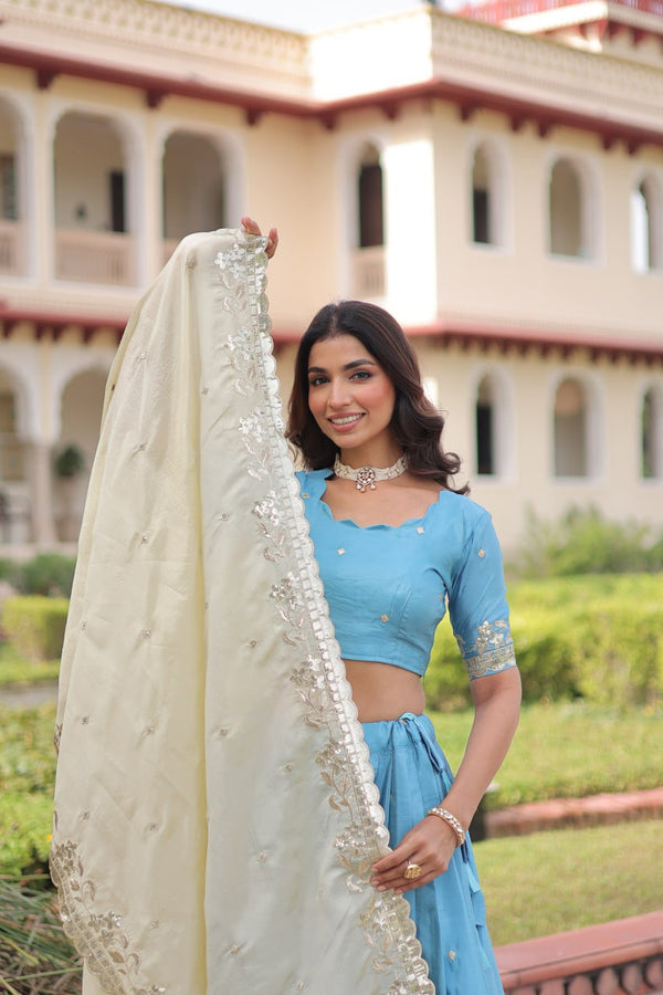 Sky Blue Gold Crush Sequins & Zari Embroidered Lehenga Set with 3-Meter Flair, Heavy Dupatta & Unstitched Designer Blouse – Fully Stitched Festive & Wedding Wear Ensemble ClothsVilla