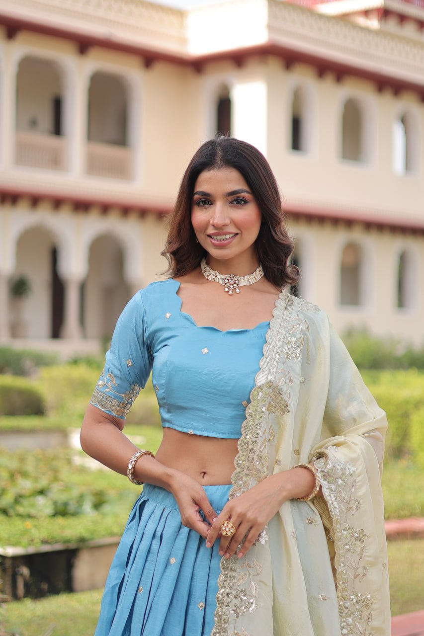 Sky Blue Gold Crush Sequins & Zari Embroidered Lehenga Set with 3-Meter Flair, Heavy Dupatta & Unstitched Designer Blouse – Fully Stitched Festive & Wedding Wear Ensemble ClothsVilla
