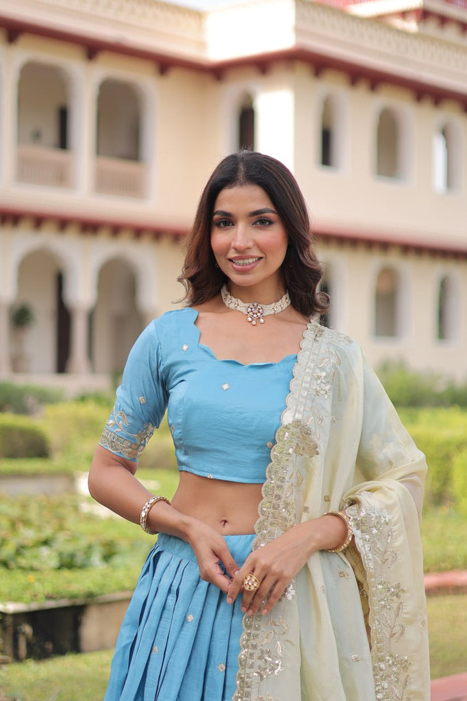 Sky Blue Gold Crush Sequins & Zari Embroidered Lehenga Set with 3-Meter Flair, Heavy Dupatta & Unstitched Designer Blouse – Fully Stitched Festive & Wedding Wear Ensemble ClothsVilla
