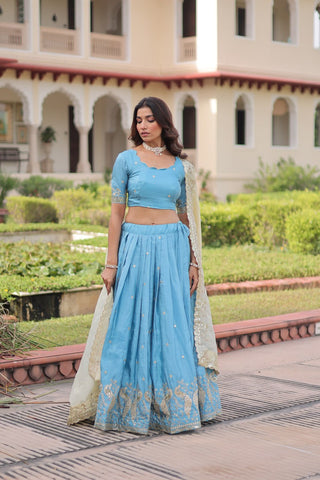Sky Blue Gold Crush Sequins & Zari Embroidered Lehenga Set with 3-Meter Flair, Heavy Dupatta & Unstitched Designer Blouse – Fully Stitched Festive & Wedding Wear Ensemble ClothsVilla