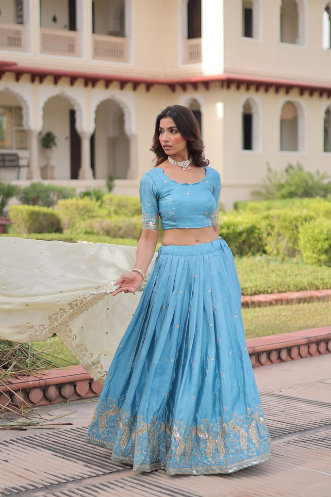 Sky Blue Gold Crush Sequins & Zari Embroidered Lehenga Set with 3-Meter Flair, Heavy Dupatta & Unstitched Designer Blouse – Fully Stitched Festive & Wedding Wear Ensemble ClothsVilla