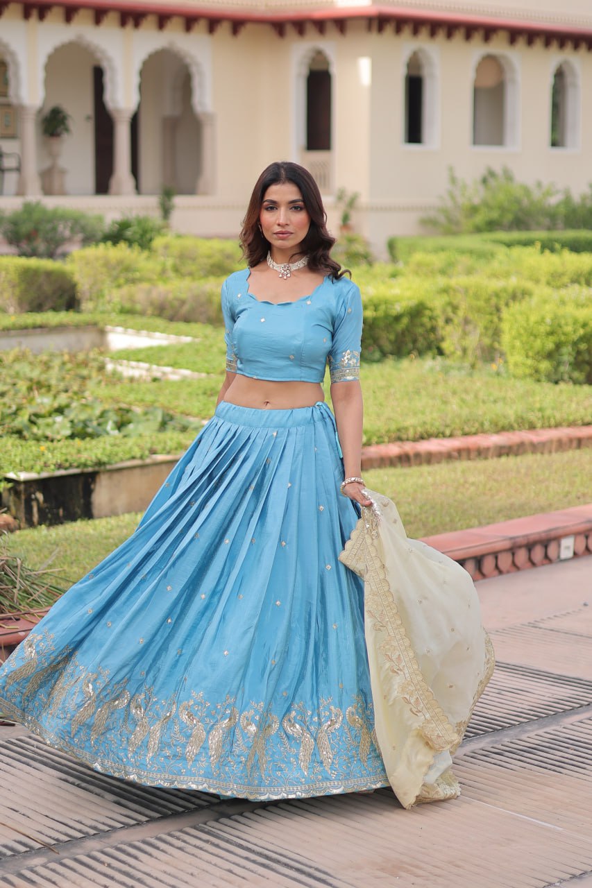 Sky Blue Gold Crush Sequins & Zari Embroidered Lehenga Set with 3-Meter Flair, Heavy Dupatta & Unstitched Designer Blouse – Fully Stitched Festive & Wedding Wear Ensemble ClothsVilla