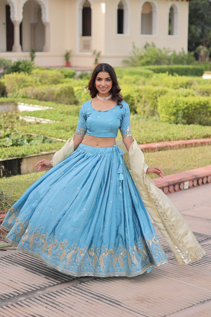 Sky Blue Gold Crush Sequins & Zari Embroidered Lehenga Set with 3-Meter Flair, Heavy Dupatta & Unstitched Designer Blouse – Fully Stitched Festive & Wedding Wear Ensemble ClothsVilla