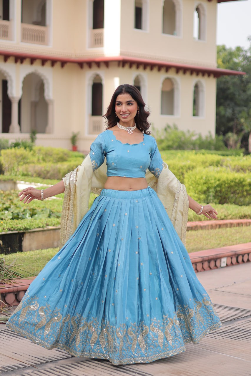 Sky Blue Gold Crush Sequins & Zari Embroidered Lehenga Set with 3-Meter Flair, Heavy Dupatta & Unstitched Designer Blouse – Fully Stitched Festive & Wedding Wear Ensemble Secondary image