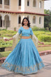 Load image into Gallery viewer, Sky Blue Gold Crush Sequins &amp; Zari Embroidered Lehenga Set with 3-Meter Flair, Heavy Dupatta &amp; Unstitched Designer Blouse – Fully Stitched Festive &amp; Wedding Wear Ensemble ClothsVilla