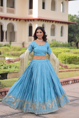 Sky Blue Gold Crush Sequins & Zari Embroidered Lehenga Set with 3-Meter Flair, Heavy Dupatta & Unstitched Designer Blouse – Fully Stitched Festive & Wedding Wear Ensemble ClothsVilla