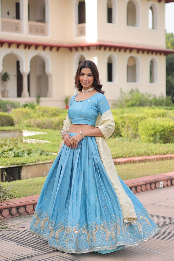Sky Blue Gold Crush Sequins & Zari Embroidered Lehenga Set with 3-Meter Flair, Heavy Dupatta & Unstitched Designer Blouse – Fully Stitched Festive & Wedding Wear Ensemble ClothsVilla