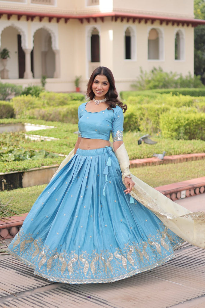 Sky Blue Gold Crush Sequins & Zari Embroidered Lehenga Set with 3-Meter Flair, Heavy Dupatta & Unstitched Designer Blouse – Fully Stitched Festive & Wedding Wear Ensemble ClothsVilla