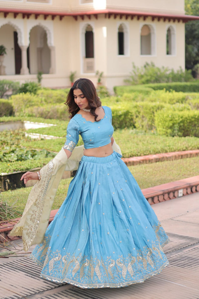Sky Blue Gold Crush Sequins & Zari Embroidered Lehenga Set with 3-Meter Flair, Heavy Dupatta & Unstitched Designer Blouse – Fully Stitched Festive & Wedding Wear Ensemble ClothsVilla
