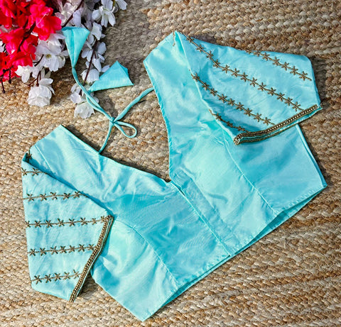 Sky Blue Golden Burberry Silk Blouse with Intricate Handwork ClothsVilla Main image