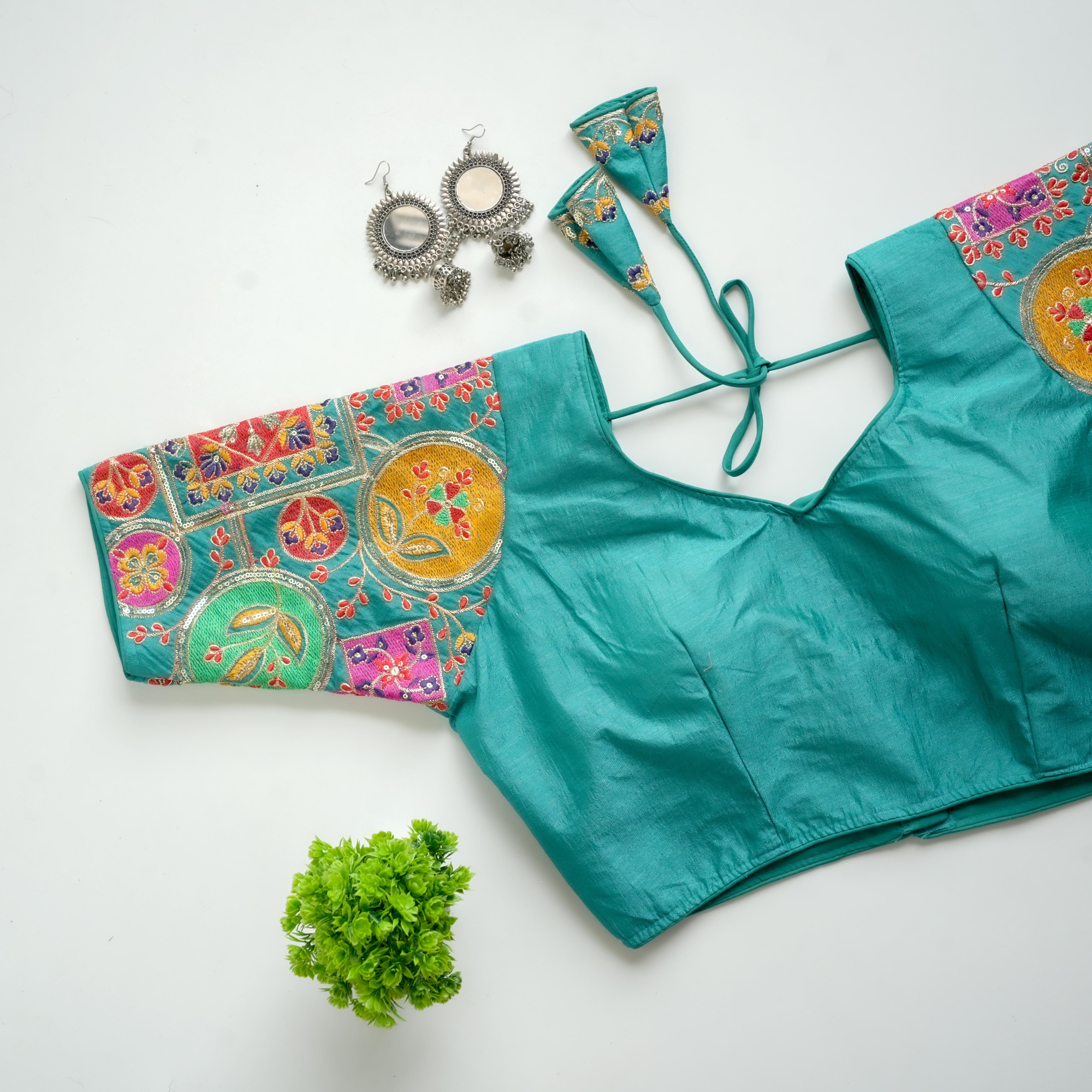 Sky Blue Golden Embroidered Blouse with Sequins on Seoul Silk Sleeves ClothsVilla Main image