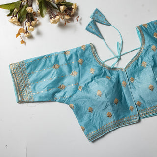 Sky Blue Golden Embroidered Vibrant Silk Blouse with Sequins ClothsVilla