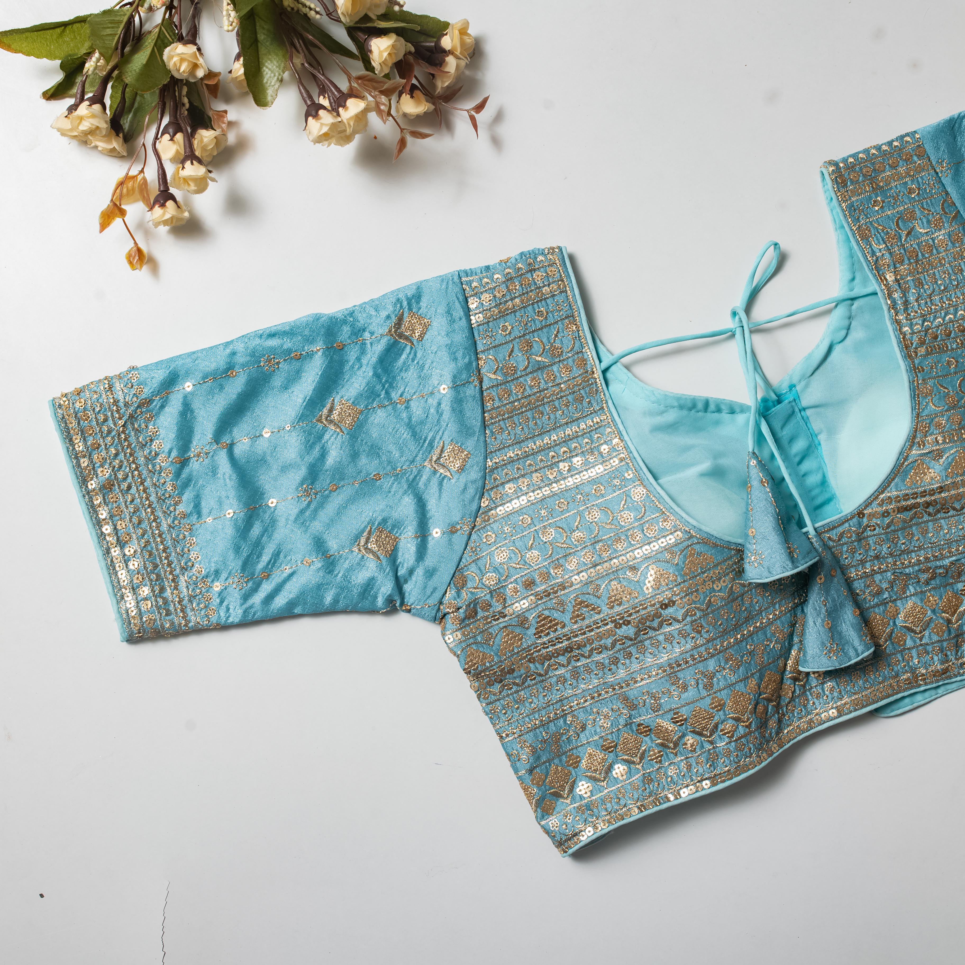 Sky Blue Golden Embroidered Vibrant Silk Blouse with Sequins ClothsVilla Main image