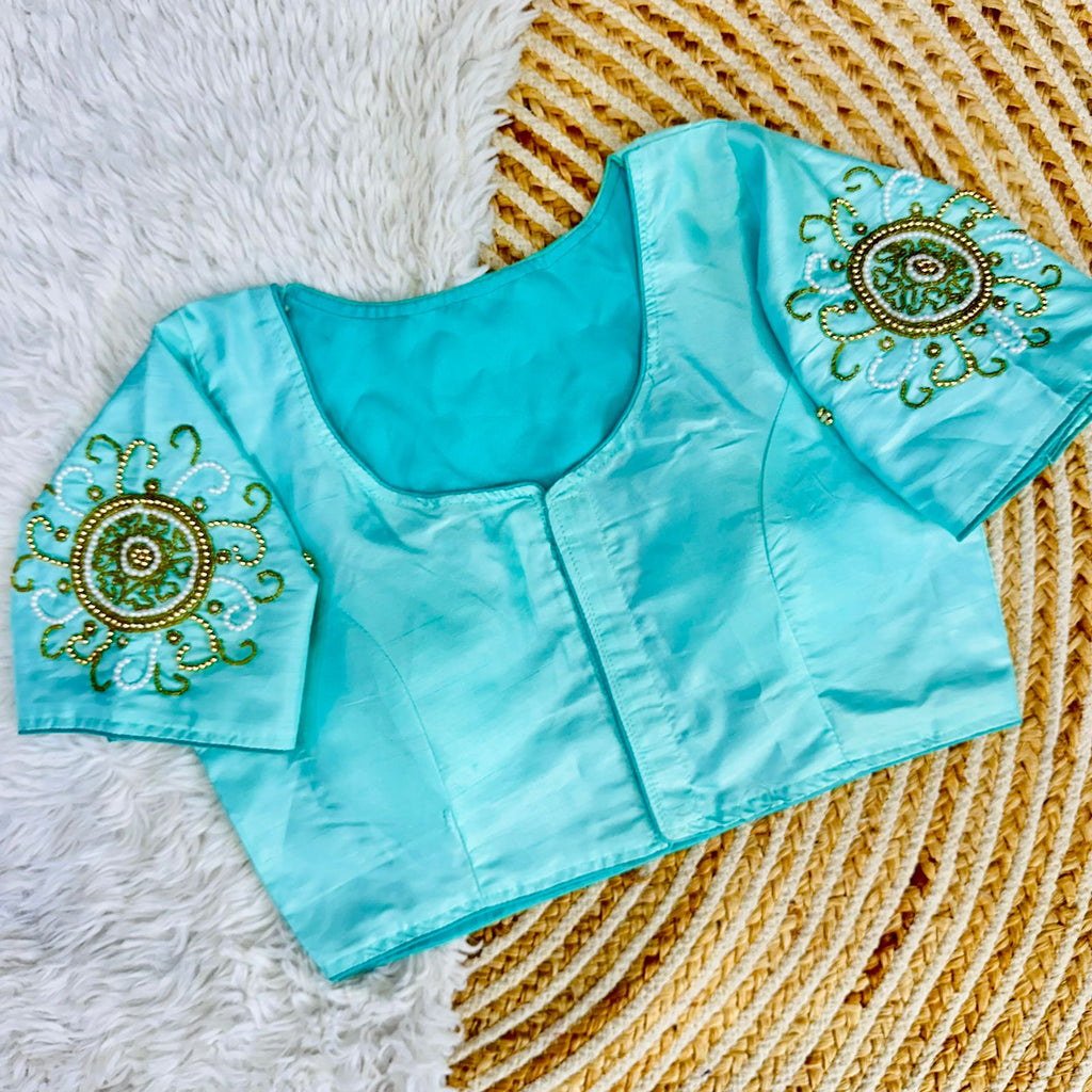 Sky Blue Golden Handcrafted Makhana Silk Blouse with White Pearl Accents ClothsVilla