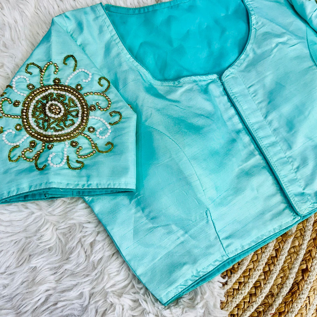 Sky Blue Golden Handcrafted Makhana Silk Blouse with White Pearl Accents ClothsVilla