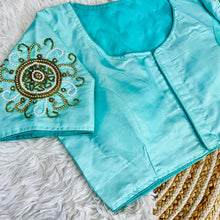 Load image into Gallery viewer, Sky Blue Golden Handcrafted Makhana Silk Blouse with White Pearl Accents ClothsVilla