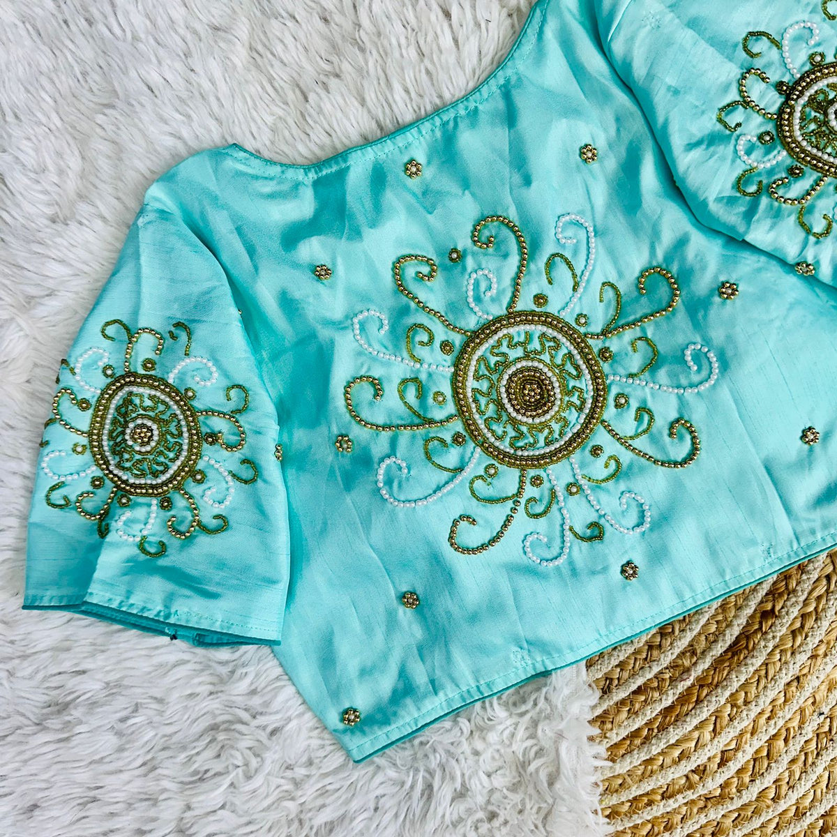 Sky Blue Golden Handcrafted Makhana Silk Blouse with White Pearl Accents ClothsVilla Main image