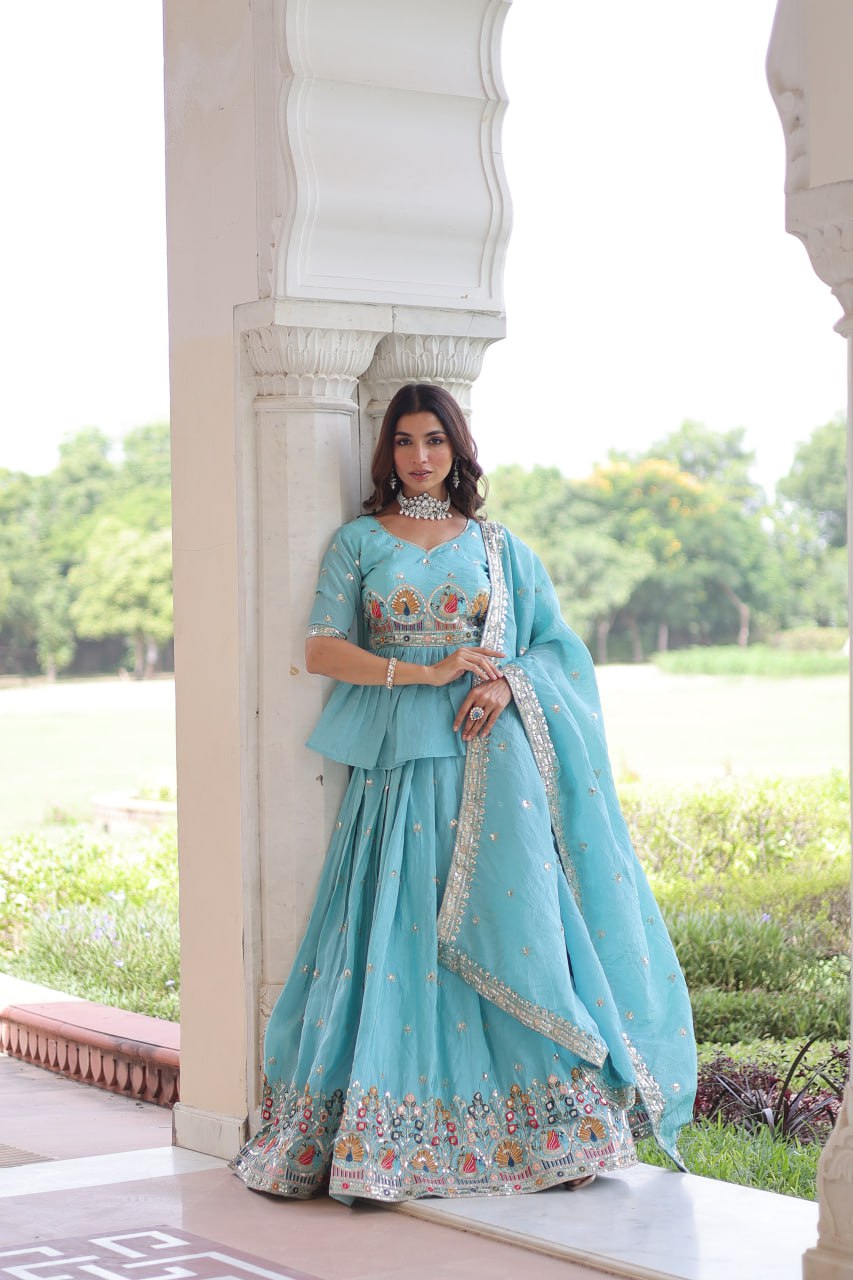 Sky Blue Golden Luxe Fully-Stitched Embroidered Lehenga Set with Heavy Sequin Dupatta Secondary image