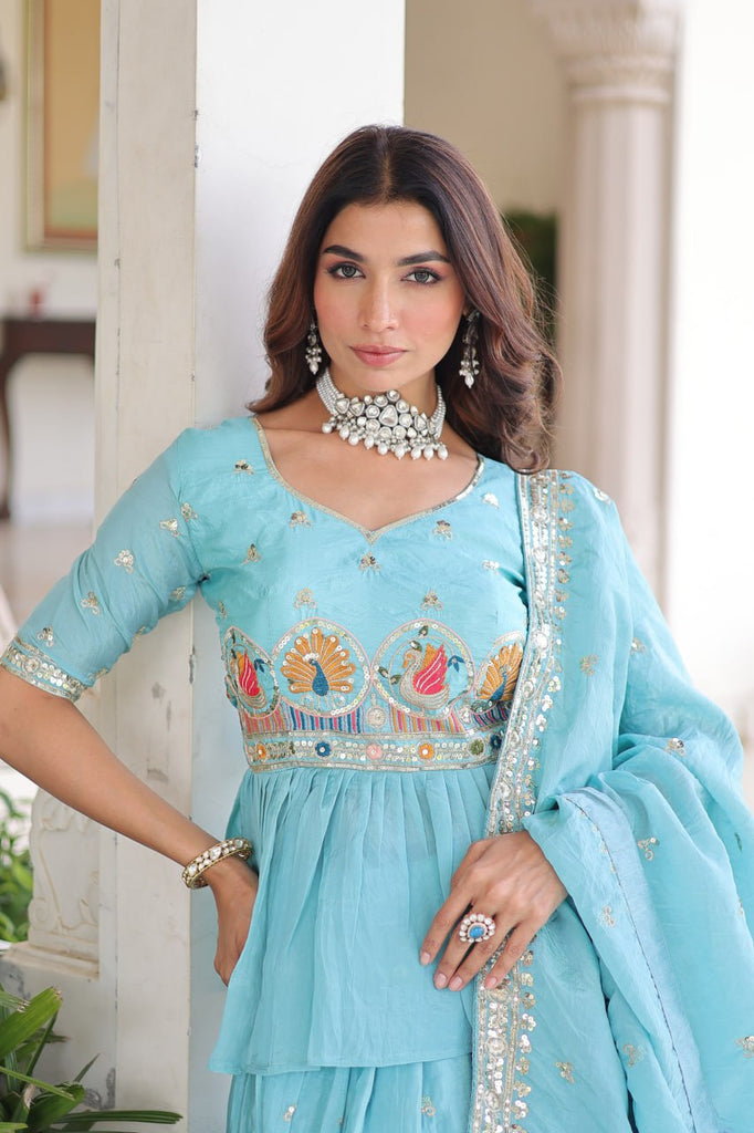 Sky Blue Golden Luxe Fully-Stitched Embroidered Lehenga Set with Heavy Sequin Dupatta ClothsVilla