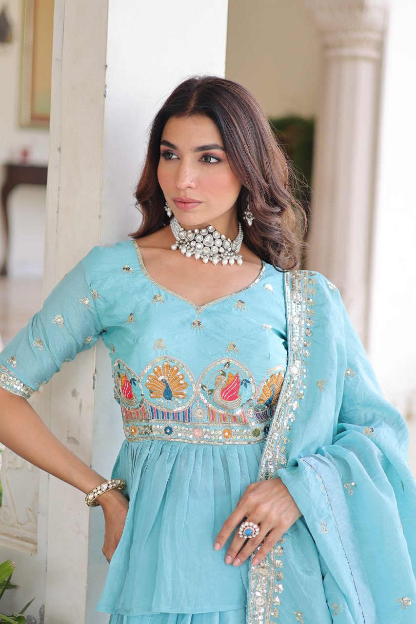 Sky Blue Golden Luxe Fully-Stitched Embroidered Lehenga Set with Heavy Sequin Dupatta ClothsVilla