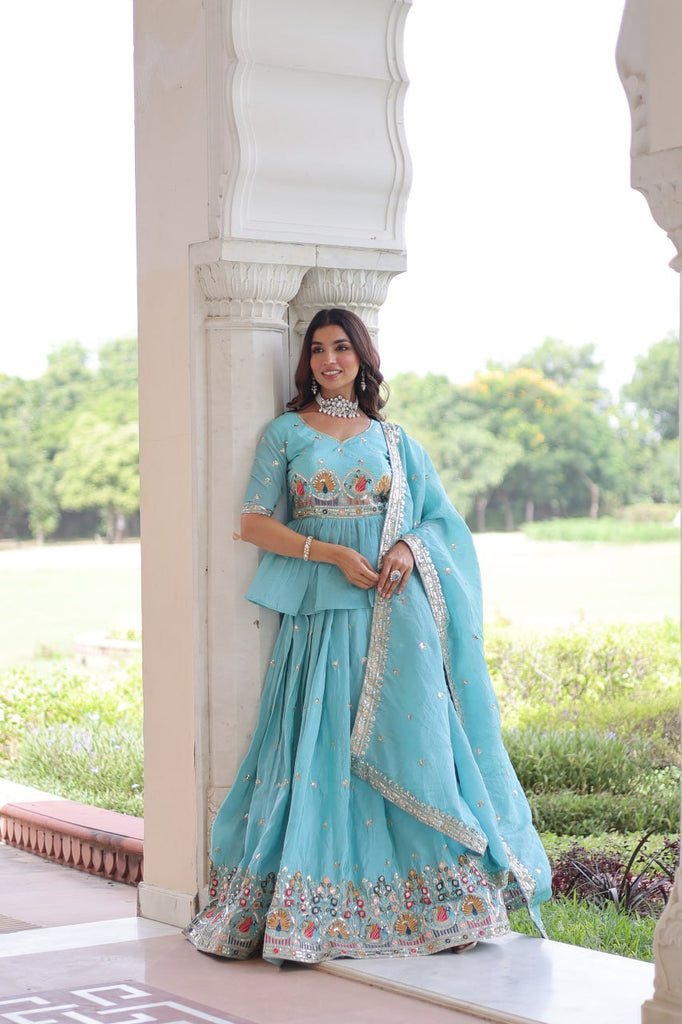Sky Blue Golden Luxe Fully-Stitched Embroidered Lehenga Set with Heavy Sequin Dupatta ClothsVilla