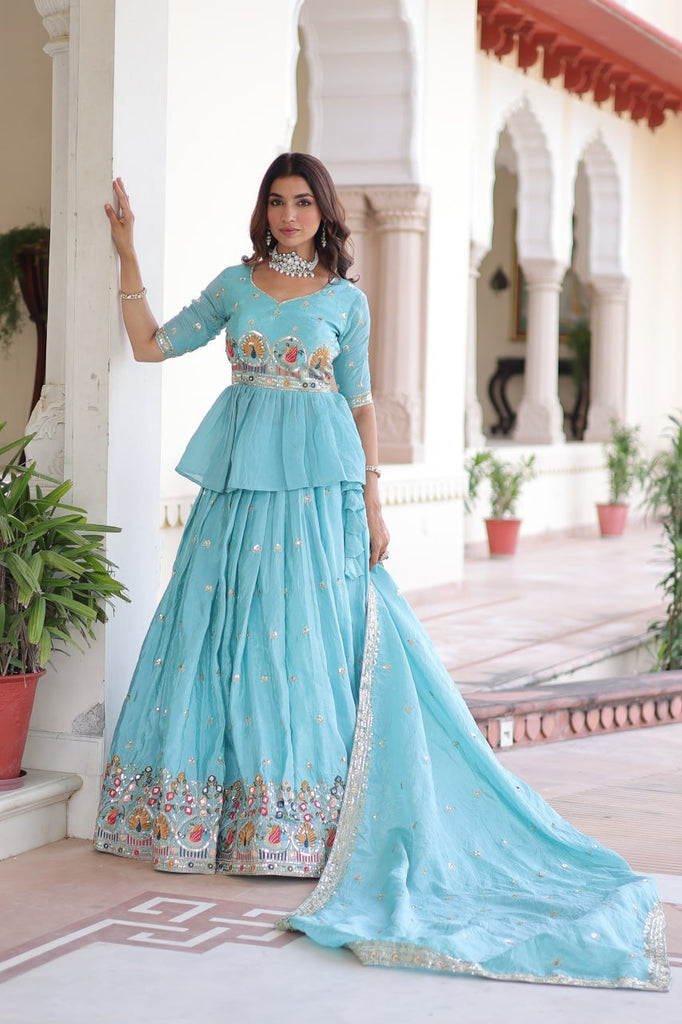 Sky Blue Golden Luxe Fully-Stitched Embroidered Lehenga Set with Heavy Sequin Dupatta ClothsVilla