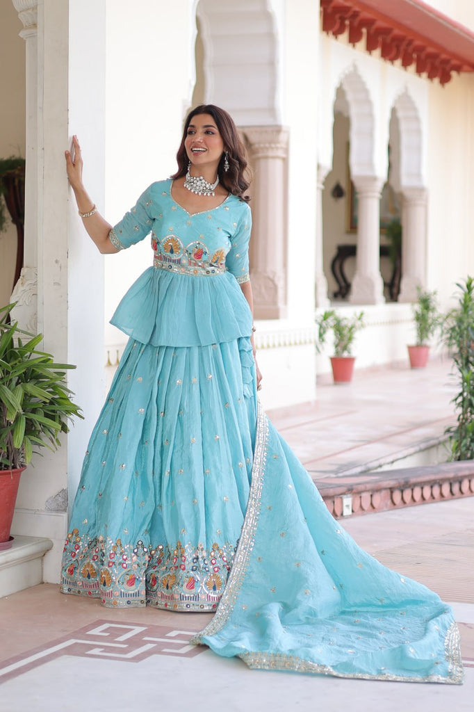 Sky Blue Golden Luxe Fully-Stitched Embroidered Lehenga Set with Heavy Sequin Dupatta ClothsVilla
