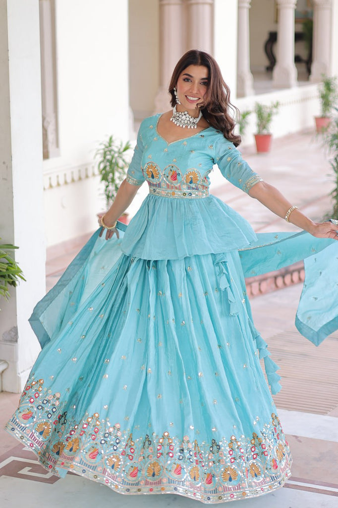 Sky Blue Golden Luxe Fully-Stitched Embroidered Lehenga Set with Heavy Sequin Dupatta ClothsVilla