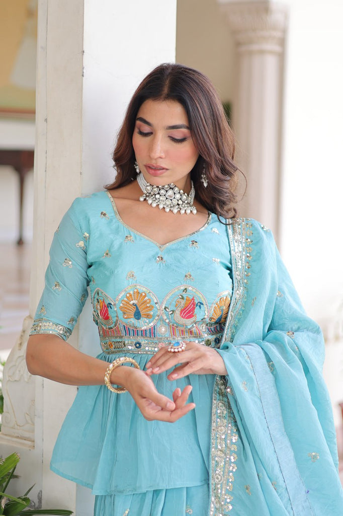 Sky Blue Golden Luxe Fully-Stitched Embroidered Lehenga Set with Heavy Sequin Dupatta ClothsVilla