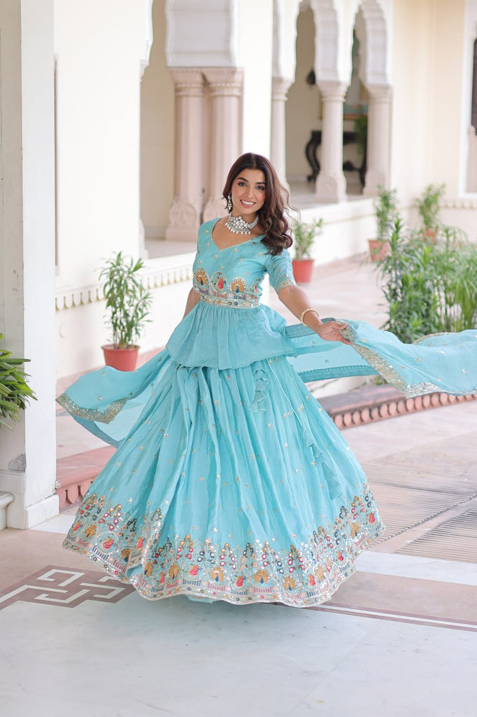 Sky Blue Golden Luxe Fully-Stitched Embroidered Lehenga Set with Heavy Sequin Dupatta ClothsVilla