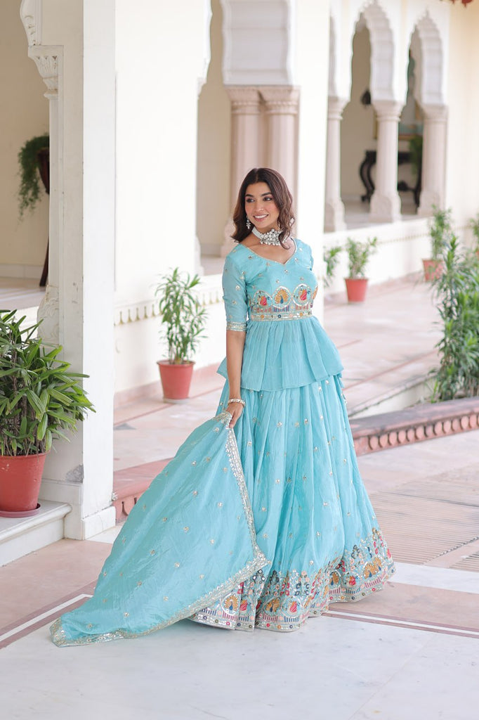 Sky Blue Golden Luxe Fully-Stitched Embroidered Lehenga Set with Heavy Sequin Dupatta ClothsVilla